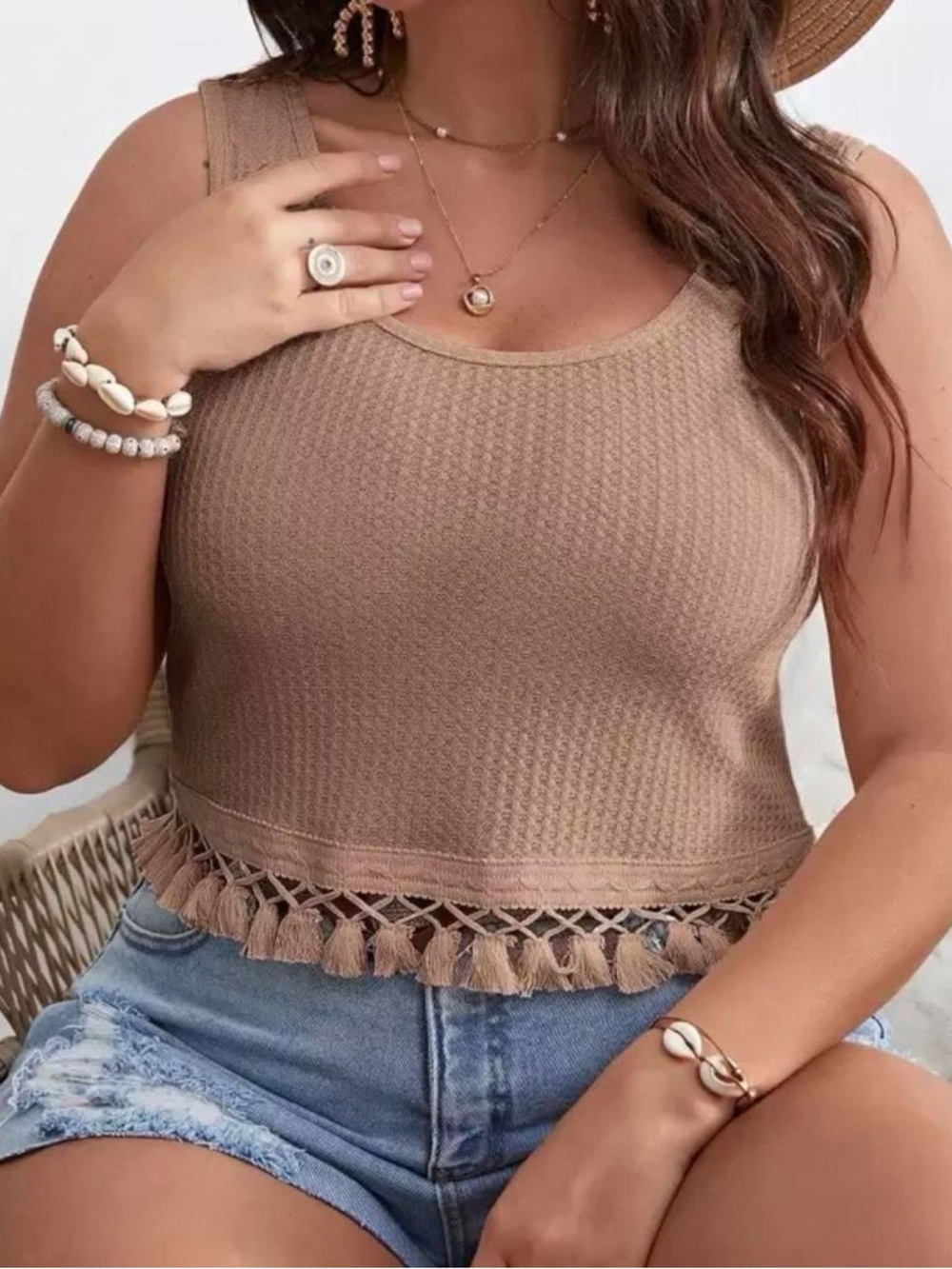 Waffle Knit Tassel Hem Tank Top